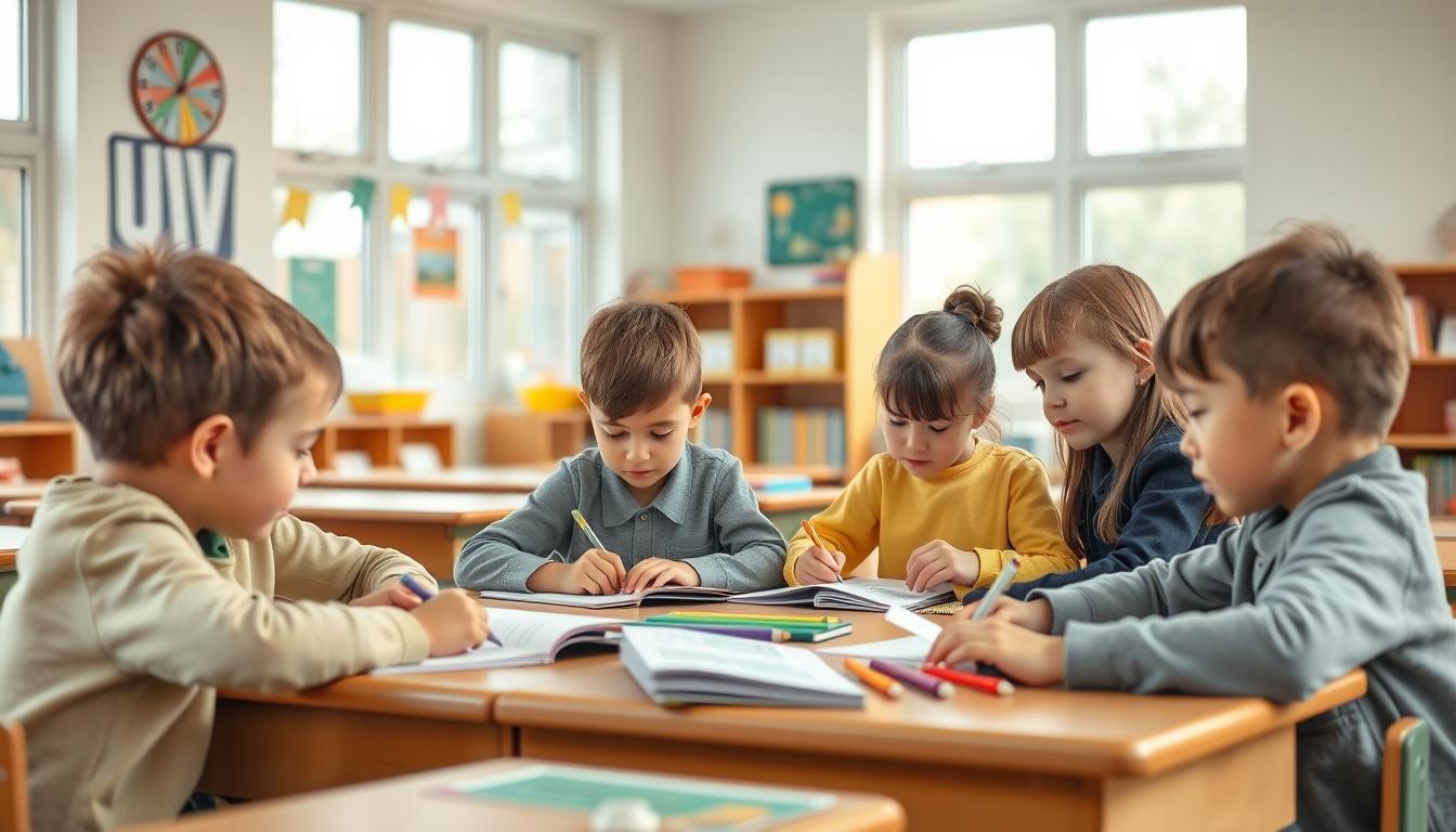 Students studying together in modern classroom